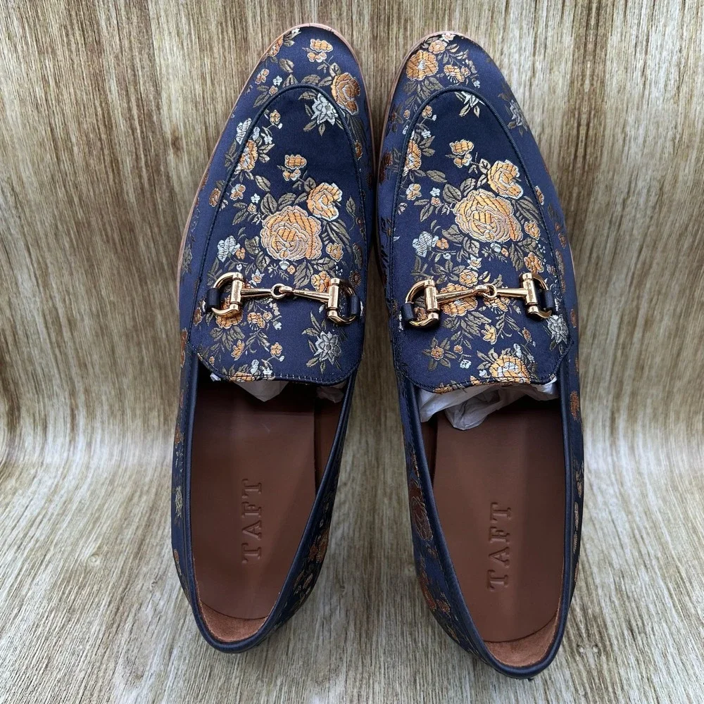 TAFT The Russel in Eden Men's 9 EU 42 Navy Gold Floral Jacquard Horsebit Loafers